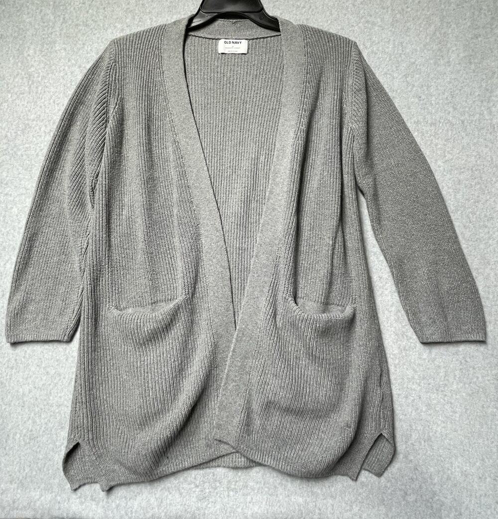 Old Navy Cardigan Sweater Womens M Grey Open Front Pockets Ribbed Long Sleeve